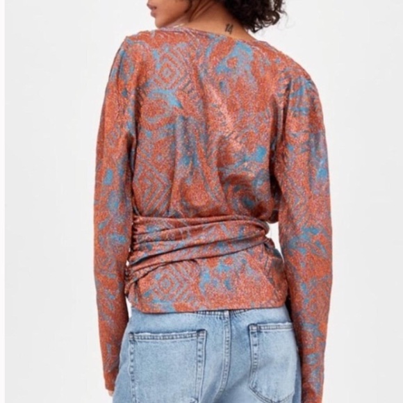 Zara Trafaluc Shimmer Wrap Top in Rust and Teal - Picture 3 of 12